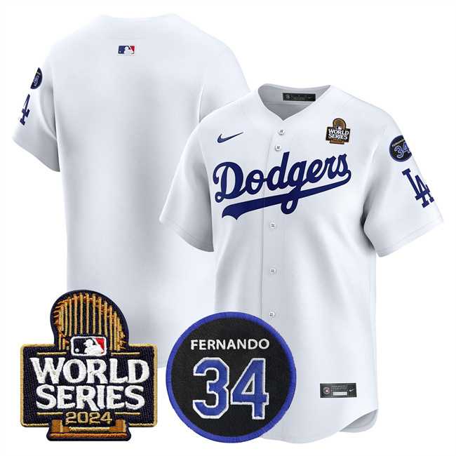 Mens Los Angeles Dodgers Blank White 2024 World Series With Fernando Memorial Patch Limited Stitched Baseball Jersey